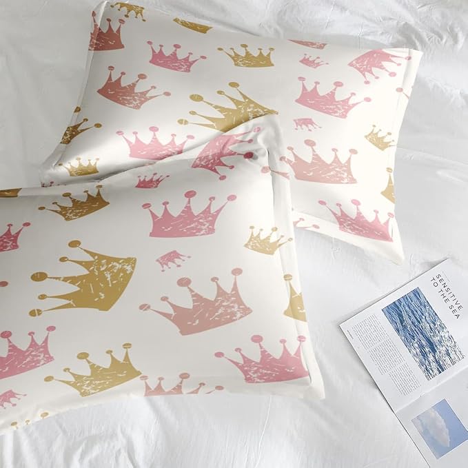 Comforter Set King Size, Cute Kids Crown 7 Pcs Bedding for Kids and Adults, Pink Princess Girls Bed Sheet Sets with Fitted Sheet 2 Pillowcase & 2 Sham for Bedroom Bed Decor