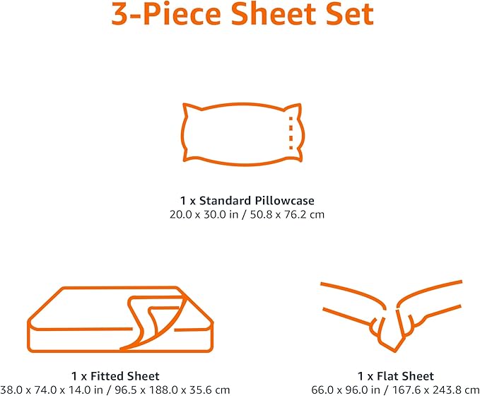 Amazon Basics Lightweight Super Soft Easy Care Wrinkle Free Microfiber 3 Piece Bed Sheet Set with 14-Inch Deep Pockets, Twin, Bright White, Solid, Kids, Men & Women Bedding