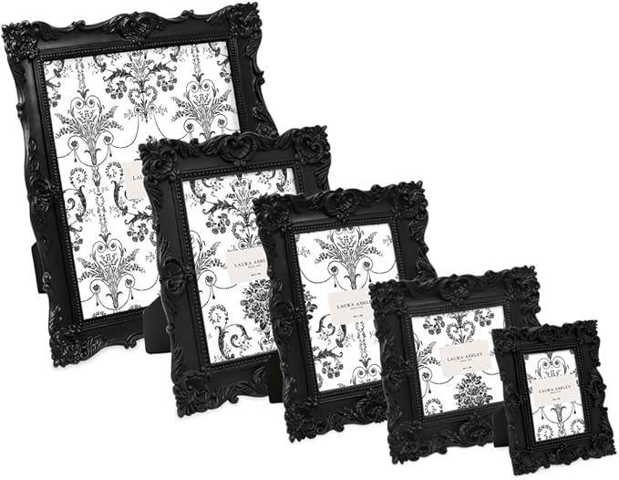 Laura Ashley 4x4 Black Ornate Textured Hand-Crafted Resin Picture Frame with Easel & Hook for Tabletop & Wall Display, Decorative Floral Design Home Décor, Photo Gallery, Art, More (4x4, Black)