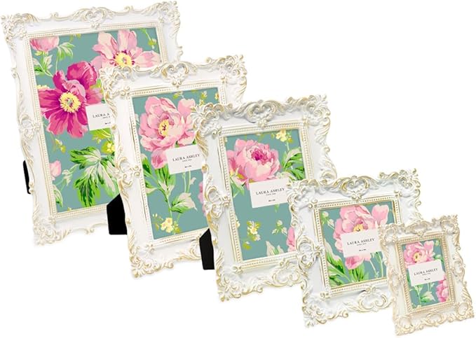 Laura Ashley 4x4 White & Gold Ornate Textured Hand-Crafted Resin Picture Frame w/Easel & Hook for Tabletop & Wall Display, Decorative Floral Design Home Décor, Photo Gallery, Art (4x4, White/Gold)