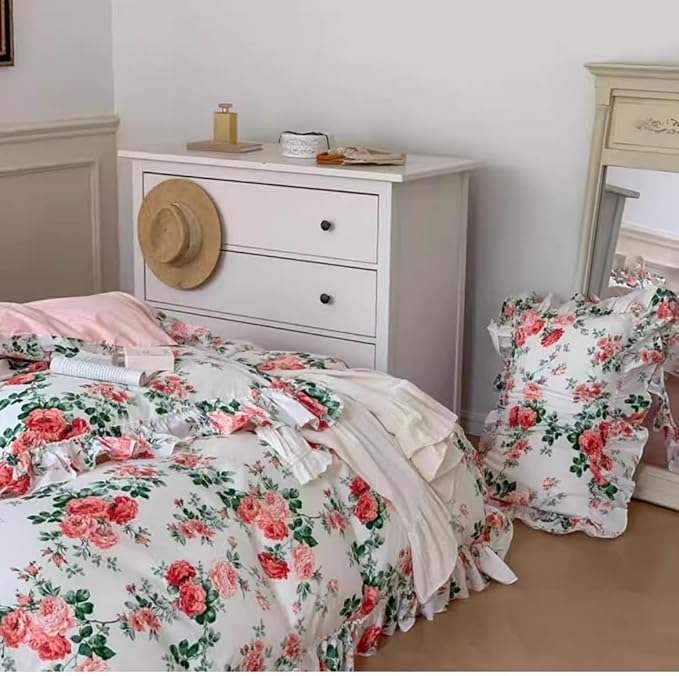 Girls Flower Comforter Set Twin XL Boho Style Pink Floral Comforter with Romantic Ruffle Aesthetic Rose Flower Cottagecore Bedding Set Fluffy Soft Vintage Botanical Comforter Set with 2 Pillowcases