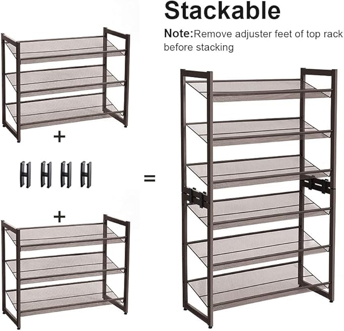 SONGMICS Shoe Rack, 3-Tier Shoe Organizer, Metal Shoe Storage for Garage, Stackable Shoe Shelf, with Adjustable Flat or Angled Shelves, 9-12 Pairs, Bronze ULMR03A