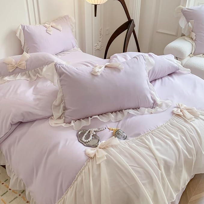 Chic Lace Bedding,Girls Twin Aesthetic Comforter Cover Set,Romantic French Princess Style Ruffled Duvet Cover with Lovely Bow with Zipper Closure-Purple,Twin