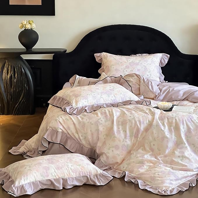 HighBuy Ruffle Duvet Cover Full Size,Farmhouse Purple Floral Brushed Cotton Durable Bedding Comforter Cover with 2 Ruffle Lace Pillowcases,Chic Cottagecore Natural French Style,Full