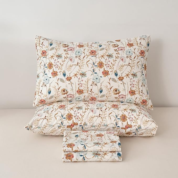 Zusbest Full Sheets Set 100% Percale Cotton - Boho Floral Botanical Printed Bedding with Deep Pocket 17.5'', Vintage Burnt Orange & Teal Design, 4-Piece Soft Breathable Sheets