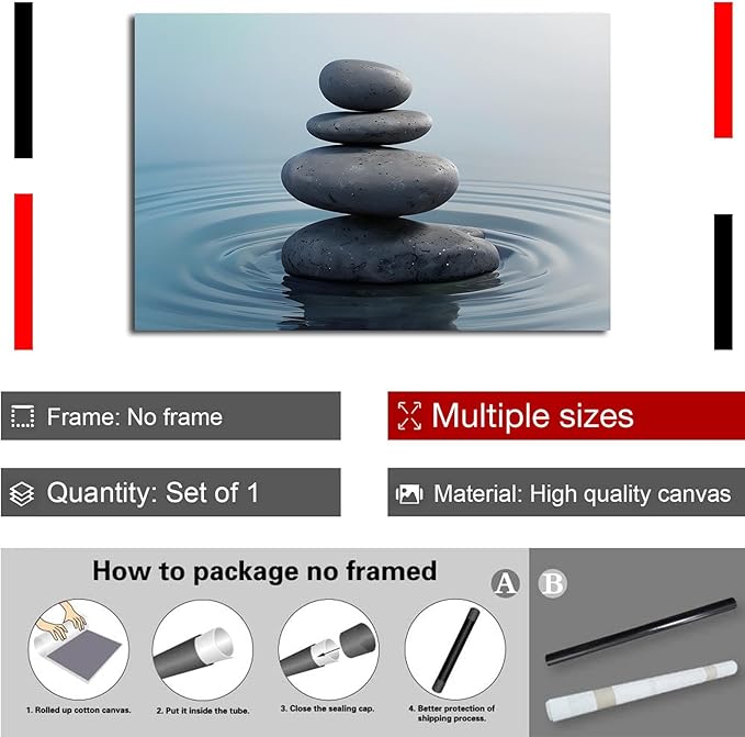 Zen wall art Harmonious grey stones stacked on a calm surface of water Serene Zen decor suitable for tranquil homes and spaces of meditation 24x36in Frameless