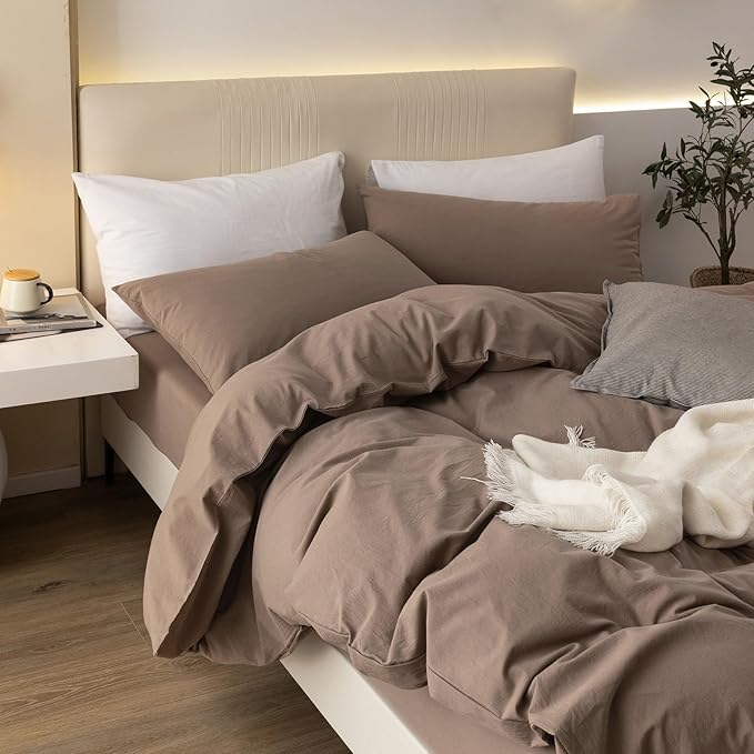 JIYUAN 100% Washed Cotton Duvet Cover Set 3 Pieces Alaska King, 1 Duvet Cover 132x120 Inches(Comforter Not Included) and 2 Pillowcases,Linen Feel Bedding Set Comfy and Breathable,Light Brown