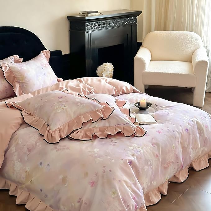 HighBuy College Girl Ruffle Duvet Cover Set Twin XL,Brushed Cotton Comforter Cover Pink Floral Lace Bedding Set Chic Cottagecore,Durable Soft Duvet Cover Set with Zipper,Breathable