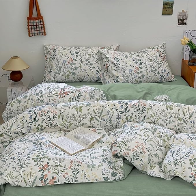 EAVD Vintage Style Garden Floral Duvet Cover Queen Soft Cotton Chic Shabby Colorful Leaves Floral Bedding Set with 2 Pillowcases Fresh Botanical Duvet Cover with Zipper Closure