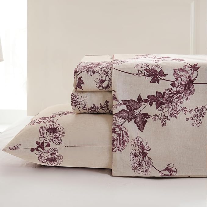 Zusbest Full Size Sheets 100% Percale Cotton Red Floral Bed Sheet, Brushed for Extra Softness, Breathable Luxury Toile Flannel Like Sheets Shabby Vintage Deep Pocket Bed Set 17.5'' 4 Pcs