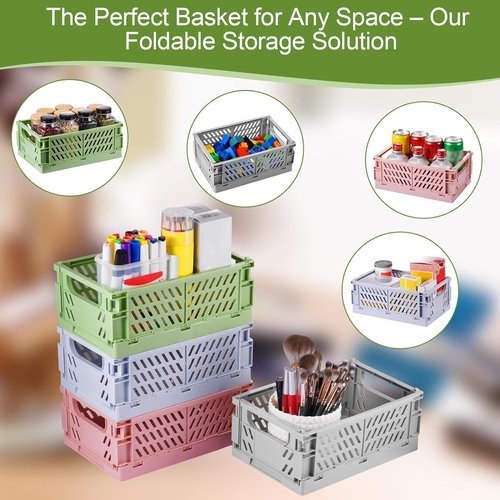 HUUSMOT Small Pastel Plastic Storage Baskets - 4-Pack Collapsible Crates for Organizing | Space-Saving Mini Bins (9.8" x 6.5" x 3.8")