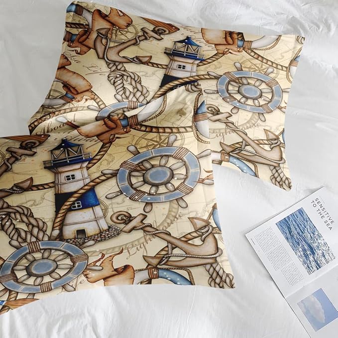 Comforter Set Queen Size, Vintage Nautical Lighthouse Map 7 Pcs Bedding for Kids and Adults, Retro Anchor Beige Bed Sheet Sets with Fitted Sheet 2 Pillowcase & 2 Sham for Bedroom Bed Decor