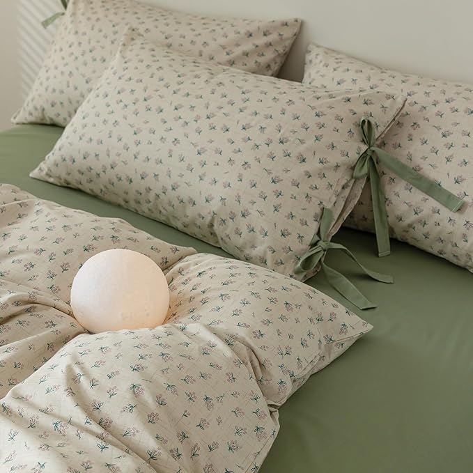 LifeTB Vintage Floral Duvet Cover Full Garden Style Aesthetic Green Flower Comforter Cover with Zipper Closure Boho Cottagecore Duvet Cover Botanical Cotton Comforter Cover with 2 Bowknot Pillowcases