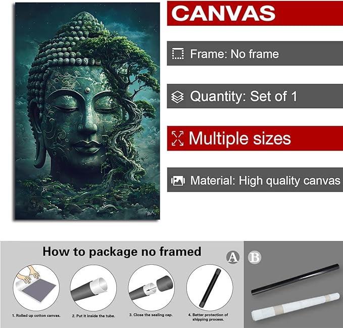 Buddha statue wall art canvas wall decor aesthetic picture mystical nature art for tranquil home and spiritual space 16x24in Frameless