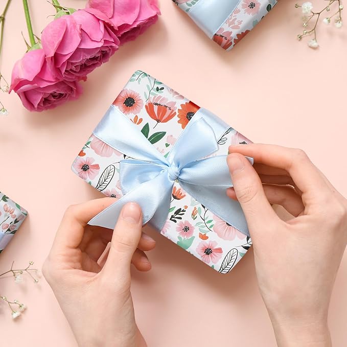 RayofSun Pink Floral Wrapping Paper Roll 17 in x 16.5 ft Mini Roll All Occasion Wildflower Flower Green leaves Gift Wrap Paper for Wedding Birthday Bridal Shower Party Wrapping Supplies