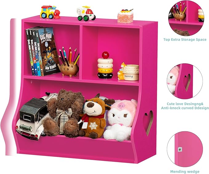 Lerliuo Baby Toddler Bookshelf and Storage Organizer, Kids Cabinet and Bookcase, Wooden 3 Cubby Children Book Shelf for Playroom, Bedroom, Nursery, School 23.62'' H (Pink)