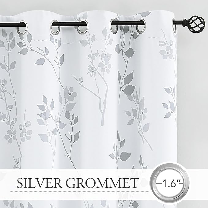 Beauoop Floral 100% Blackout Curtains 90 Inches Long 2 Panels for Bedroom Living Room Grey White Flower Patterned Room Darkening Thermal Insulated Soundproof Grommet Window Treatments Drapes, 52X90