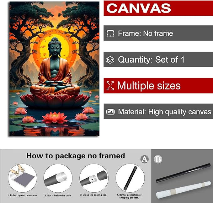 Canvas wall art Golden Buddha on lotus at sunset Ancient trees with reflections on water Serene meditation scene Uplifting wall art for mindfulness and tranquil home decor 32x48in Frameless