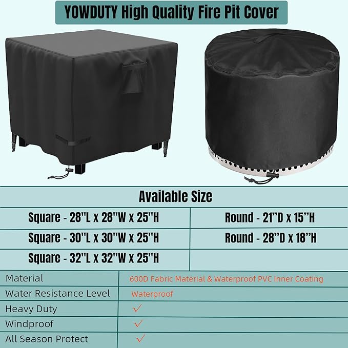 YOWDUTY Propane Fire Pit Cover Square 32 Inch, Waterproof Heavy Duty 600D Gas Fire Pit Table Cover 32 x 32 x 25 Inch, Fit 28/29/30/31/32 Inch Firepit Table, All-weather Protection For Patio