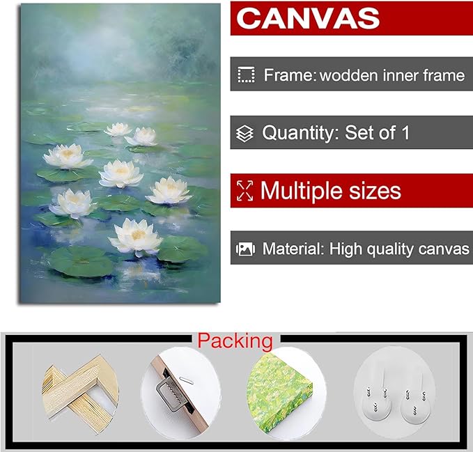 Zen wall art Delicate white lotus flower floating on calm water Vintage oil painting print Serene aquatic wall art creates a tranquil home decor 24x36in Wood Framed