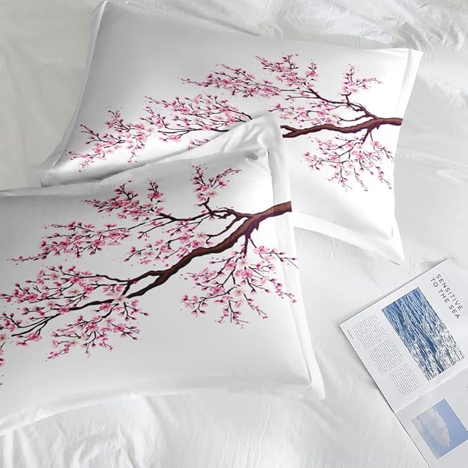 Comforter Set King Size, Japanese Cherry Blossom 7 Pcs Bedding for Kids and Adults, Flower Painting Pink Bed Sheet Sets with Fitted Sheet 2 Pillowcase & 2 Sham for Bedroom Bed Decor