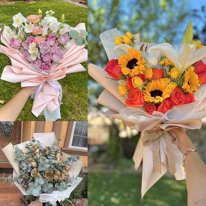 FAYADA Korean Cotton Flower Wrapping Paper Non-Woven Floral Bouquet Wraps Gift Packaging Florist Supplies 20 Sheets Florist Waterproof Flower Wrapping Paper for Fresh Flowers-22.8x22.8 Inch (Pink