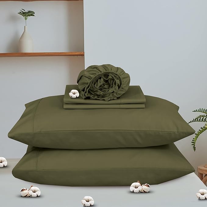 RUVANTI 100% Organic Cotton Sheets Queen Size, Percale Weave, GOTS Certified, 4-Piece Set, Deep Pocket 15", Crisp & Breathable, Soft Durable Bedding, Sábanas Algodón Orgánico – Olive