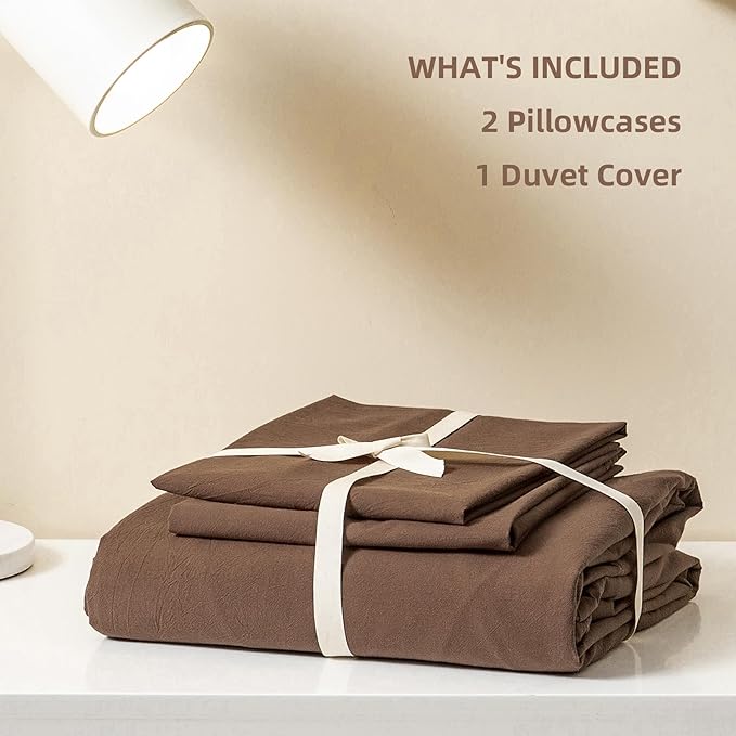 JIYUAN 100% Washed Cotton Duvet Cover Set 3 Pieces Super Queen, 1 Duvet Cover 90x98 Inches(Comforter Not Included) and 2 Pillowcases,Linen Feel Bedding Set Comfy and Breathable,Chocolate Brown