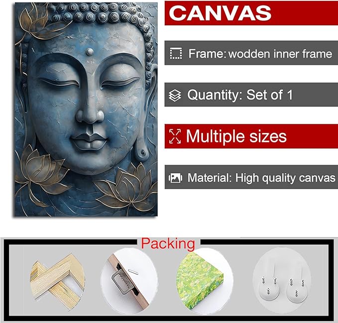 Canvas wall art Golden lotus crown Serene Buddha poster Ethereal blue toned art with delicate floral decor Zen wall art for a tranquil meditation space 20x30in Wood Framed