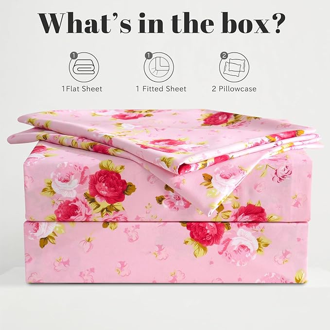 Bedlifes Full Sheet Set Ultra Soft, Breathable, Silky Flower Deep Pocket 100% Microfiber Bedding, 4 Piece Full Size Pink Floral(Red Rose)