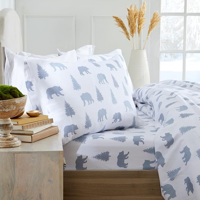 Market & Place 100% Turkish Cotton Flannel Sheet Set | 4 Piece Deep Pocket Novelty Cozy Winter Bed Sheets | Double Brushed for Extra Softness & Comfort | Alpine Collection (King, Grey Bears)