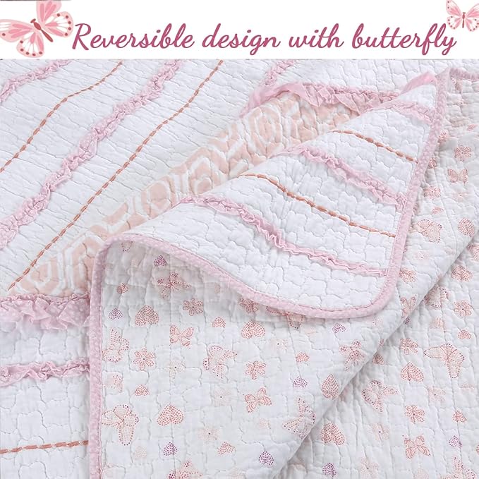Cozy Line Home Fashions Pretty in Pink Girly Ruffle Stripped 100% Cotton Reversible Quilt Bedding Set, Coverlet, Bedspread (Pink Princess, Twin - 2 Piece: 1 Quilt + 1 Sham)