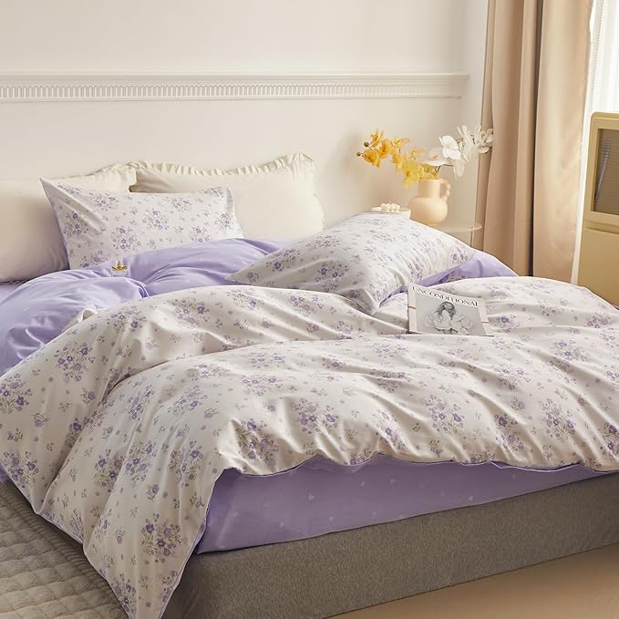 LifeTB Purple Floral Comforter Set Twin XL Fluffy Soft Microfiber Girls Garden Floral Bedding Comforter Botanical Flowers Comforter with 2 Pillowcases Vintage Aesthetic Bedding Twin XL Comforter Set