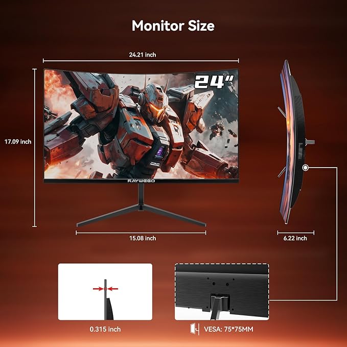 24 inch Curved Gaming Monitor 180Hz 1ms,FHD 1920ร1080P,4000:1 Contrast Ratio,with FreeSync & Eye-Care Technology, Support DP, HDMI,USB,3.5mm Port for Gaming Home Office,Wall Mount Install