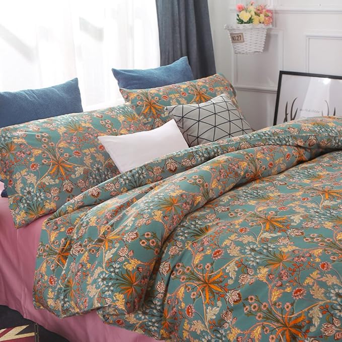 VM VOUGEMARKET Boho Comforter Set Full,Green Medallion Floral Bedding Set Retro Vibrant Bohemian Pattern Quit Comforter with 2 Pillowcases