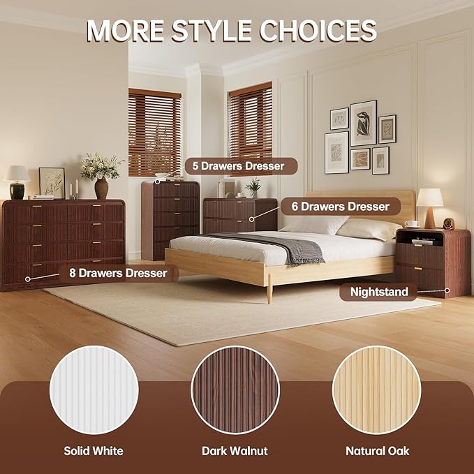 FURSUN Fluted 5 Drawers Dresser for Bedroom, 48" Tall Wooden Modern Dresser with Metal Handle, Curved Profile Design, Storage Organizer for Living Room, Hallway(Dark Walnut)