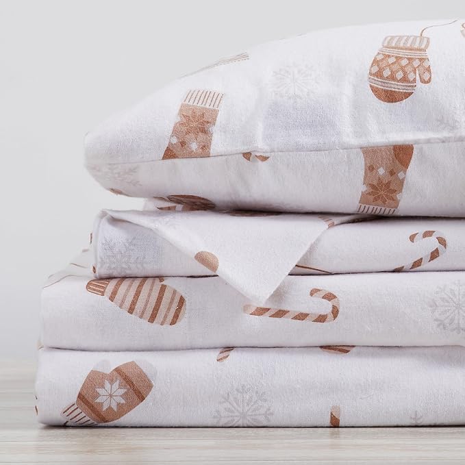 Market & Place 100% Cotton Full Flannel Sheet Set | 4 Piece Deep Pocket Novelty Cozy Winter Bed Sheets | Double Brushed for Extra Softness & Comfort | Alpine Collection (Full, Winter Mittens)