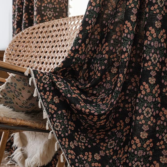 ENJOYBRIDAL Floral 63 Inch Curtains 2 Panel Set Boho Jacquard Drapes Short Black Living Room Semi Sheer Window Curtains Cottagecore Farmhouse Bedroom Chic Decor Rod Pocket Tassel Window Treatments