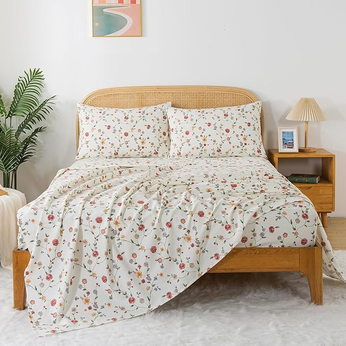 Zusbest King Size Sheets 100% Percale Cotton Off White Floral Bed Sheet Set, Brushed for Extra Softness, Breathable Luxury Flannel Sheets Like Pink Flower Print Deep Pocket Bed Set 17.5'' 4 Pcs