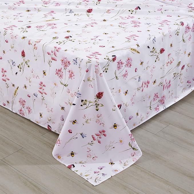 RYNGHIPY Shabby Floral Bees Print Bedding Sheets with Pillowcases, Breathable Egyptian Cotton Bed Sheet Set (Bee,Full Size)