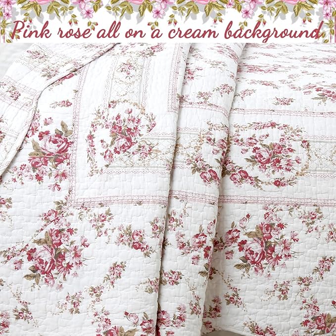 Cozy Line Home Fashions 100% Cotton Quilt Bedding Set, Pink Floral Reversible Coverlet Bedspread (Vintage Rose, Twin - 2 Piece)