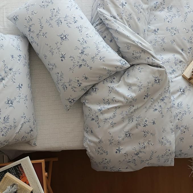 Twin Size Duvet Cover Vintage Blue Floral Duvet Cover Boho Coquette Bedding Set Lightweight Cotton Flower Comforter Cover Aesthetic Boho Farmhouse Bedding Flower Duvet Cover Twin