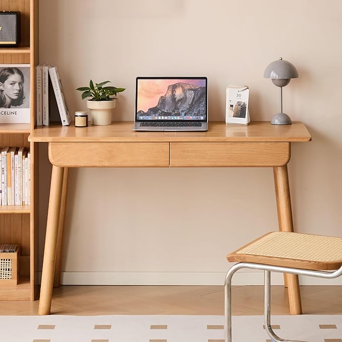 Solid Wood Desk, Mid Century Modern Home Office Desk, Computer Desk with Drawer for Writing Study Vanity 31.49" W