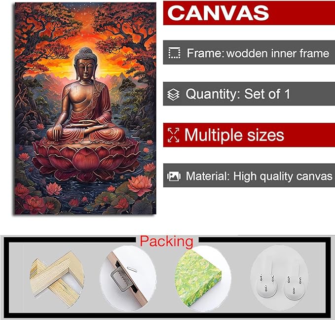 Golden Buddha on lotus seat serene meditation statue amidst lush trees flowing water and sunrise light spiritual home art for a tranquil decor 12x18in Wood Framed