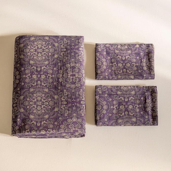 EAVD Soft 100% Cotton Muslin Yarn-Dyed Jacquard Textured Duvet Cover King Chic Shabby Purple Floral Duvet Cover with Zipper Closure Linen Like Gauze Floral Bedding Set with 2 Pillowcases