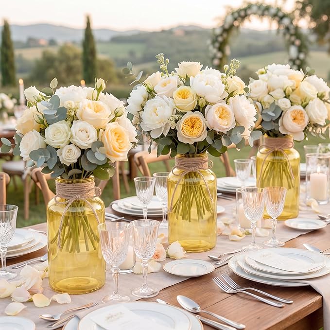 Vintage Glass Flower Vase,3 Pack Farmhouse Gold Glass Centerpiece Vases Mason Jars for Weddings, Parties & Home Decor Bulk (3, Gold)
