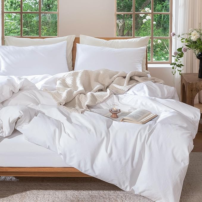 MooMee Bedding Duvet Cover Set 100% Washed Cotton Linen Like Textured Breathable Durable Soft Comfy (Solid Bright White, Oversized King Plus 128"x120")
