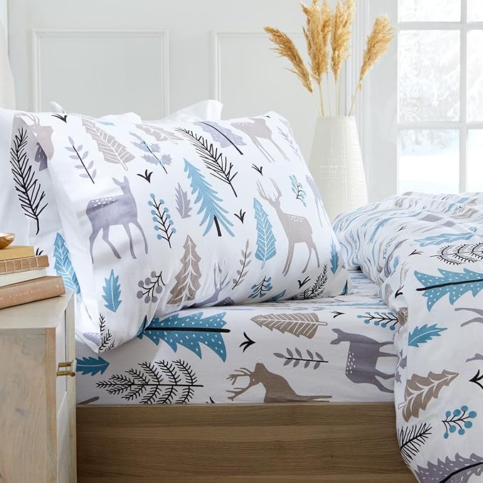 Market & Place 100% Turkish Cotton Flannel Sheet Set | 4 Piece Deep Pocket Novelty Cozy Winter Bed Sheets | Double Brushed for Extra Softness & Comfort | Alpine Collection (Full, Holiday Deer)