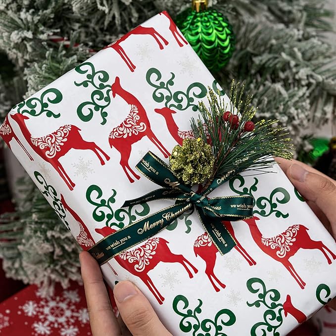 MAYPLUSS Christmas Reversible Wrapping Paper - Mini Roll - 17 Inch X 32.8 Feet- Red Green Reindeer Design (47.3 sq.ft.ttl)