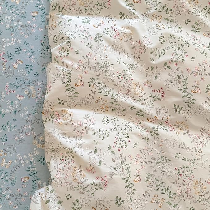 EAVD Girls Floral Botanical Duvet Cover Twin Soft Cotton Chic Shabby Garden Floral Leaves Print Bedding Set with 2 Pillowcases Fresh Cute Floral Comforter Cover with Zipper Closure